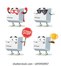 set of cartoon computer key button Enter character mascot on white background