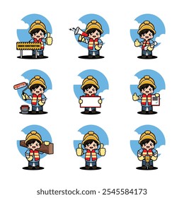 Conjunto de trabajador de construcción de dibujos animados con un casco