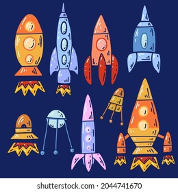 Set of cartoon contour space ships and ufo. Outline technological ships. Vector childish object of space shuttle and satellites on dark background.