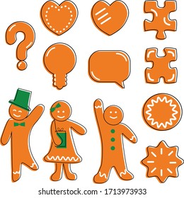 Set of cartoon cookies of different shapes: question mark, lamp, heart, puzzle, star of bethlehem, bubble chat, gingerbread men. Vector Christmas and New Year icons for design.