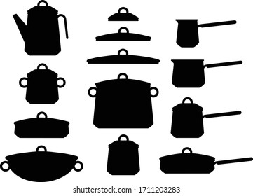 Conjunto de utensilios de cocina con tapas. Ilustración de silueta vectorial