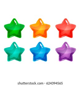 Set of cartoon cool shiny glossy colorful stars vector illustration. Vector glowing asset for gui design isolated on white background.