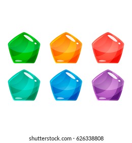 Set of cartoon cool shiny glossy colorful pentagons vector illustration. Vector glowing asset for gui design isolated on white background.