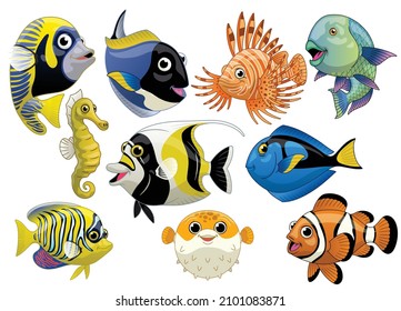 Set Cartoon Coral Fish