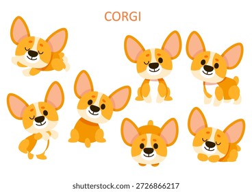 A set of cartoon corgi dogs in different poses