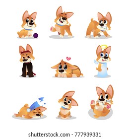 Set of cartoon corgi. Funny little dog in different actions. Walking, wondering, sleeping, growling, playing, crying, angel and evil. Domestic animal. Flat vector design