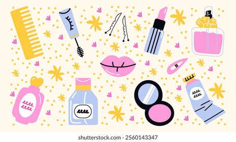 Set cartoon cosmetic stickers. Stickers for the beauty routine, mascara, lipstick, girls, cream, perfume, comb, lips, rouge. Vector cartoon groovy set of stickers