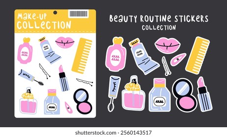 Set cartoon cosmetic stickers. Stickers for the beauty routine, mascara, hair-clips, lipstick, girls, cream, perfume, comb, lips, rouge. Vector cartoon groovy set of stickers