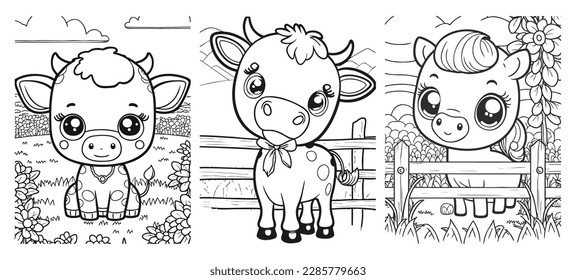 Set of cartoon cow and horse in farm. Cute pets in line drawing. Vector illustration on isolated background. For printable children's and adults coloring page or book, kids toddler activity.