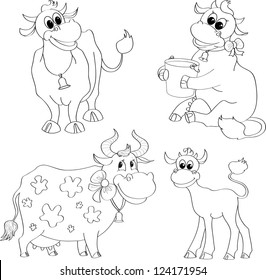 set of cartoon cows contour on a white background