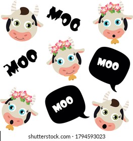 Set cartoon cows  Moo Bubble  Vector Illustration 