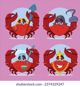 set cartoon crab character cooking winning competition wearing pirate smoking pipe vector design illustration