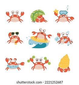 Set cartoon crab character emotion. Isolated vector illustration on white background.