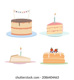 Set Of Cartoon Cream Cakes With Candles Vector Set. Holiday Cooking Icons In A Flat Style For Decorating, Anniversaries, Weddings, Birthdays, Children's Parties. Sweet Pastries. Vector On White.