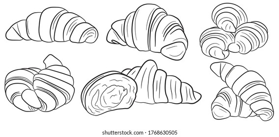 Set of cartoon croissant and a half icons. Line art. Vector isolated on white background for cafe, bistro, restaurant menu design design, labels and packaging. Fashionable illustration. Cartoon style.
