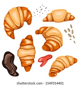 Set of cartoon croissants and various types of topping. Nut, sesame seeds, chocolate and syrup. French pastries. Bun for breakfast. Vector colorful element for recipe, card and your creativity.