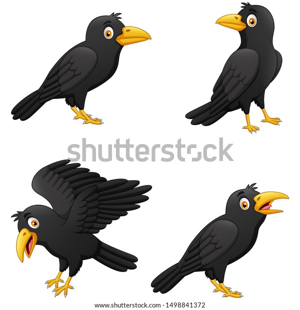 Set of cartoon crow with different expressions. vector illustration