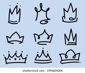 Juego de dibujos animados Crown Doodle Vector Ilustración, sólo contorno