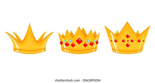 Conjunto de coronas de dibujos animados. Coronas de oro vectorial aisladas en blanco. Ilustración simple plana.