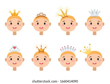 Set of cartoon crowns for your design isolated on white background. Princess diadem symbol, beauty collection. Vector illustration. Scandinavian style flat design.