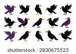 Set of cartoon crows and ravens in various poses with wings spread Vector