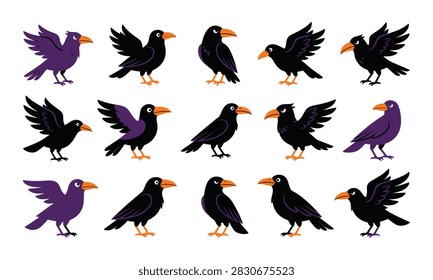 Set of cartoon crows and ravens in various poses with wings spread Vector