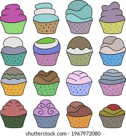 A set of cartoon cupcakes. A set designed for websites, restaurant menus, flyers, etc. Vector illustration.