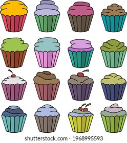 A set of cartoon cupcakes. A set designed for websites, restaurant menus, flyers, etc. Vector illustration.