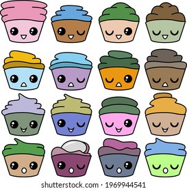 A set of cartoon cupcakes with a face. A set designed for websites, restaurant menus, flyers, etc. Vector illustration.