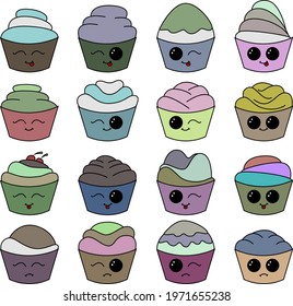A set of cartoon cupcakes with a face. A set designed for websites, restaurant menus, flyers, etc. Vector illustration.