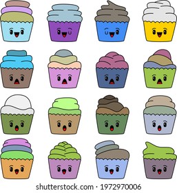 A set of cartoon cupcakes with a face. A set designed for websites, restaurant menus, flyers, etc. Vector illustration.