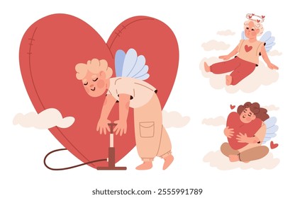 Set of cartoon cupid character. Cute angel children. Valentines day concept. Hand drawing vector illustration.