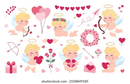 A set of cartoon cupids characters with hearts and flowers. One of the characters is holding a rose. The characters are all smiling