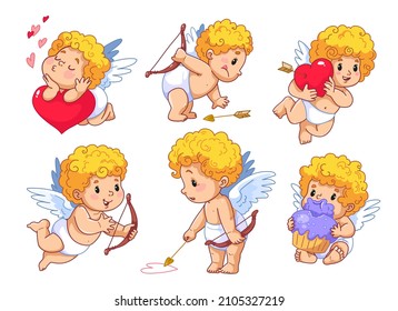 Set of cartoon cupids. Cute little angels in different poses, isolated clipart. Cupid kids for Valentine's Day, wedding and babyshower. Smiling children with wings, crossbows and hearts