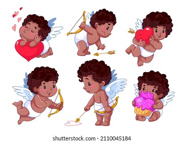 Set of cartoon cupids,. Cute little angels in different poses, isolated clipart. Cupid babies for Valentine's Day, wedding and baby shower. Smiling children, crossbows and hearts.