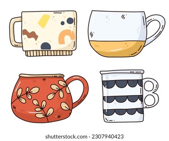 Set of Cartoon cups. Bright teacup, coffee cup. Tea ceremony vector Illustration set of cup porcelain tableware
