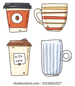 Set aus Cartoon-Bechern. Helles Teakup, Kaffeetasse. Teezeremonie, Vektorgrafik-Set aus Porzellangeschirr
