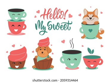 The set of cartoon cups and dogs in love. The sweet puppies with quote and cupcake are good for spring design, friend stickers, pet day, holidays. The vector illustration