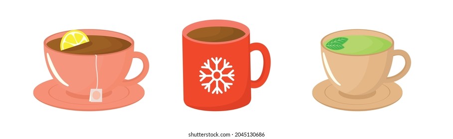 Set of cartoon cups. Green, herbal and black tea with lemon. Flat vector concept of tea time.