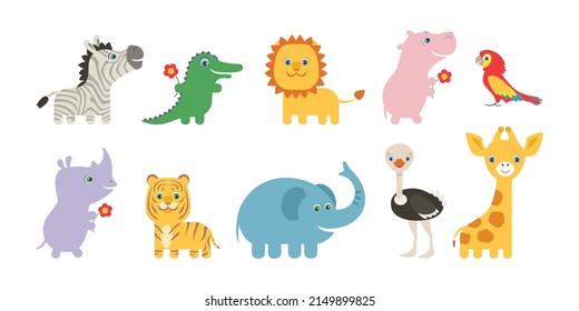 Set of cartoon cute African animals. Vector flat illustration of funny hippopotamus, tiger, lion, elephant, crocodile, zebra, giraffe, rhinoceros, ostrich and parrot. 