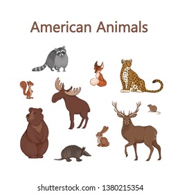 Set of cartoon cute American animals. Raccoon, fox, jaguar, squirrel, elk, bear, armadillo, hare, deer, vole