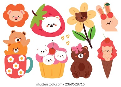 set of cartoon cute animal element sticker with cute dessert. for kids sticker, cute doodle collection