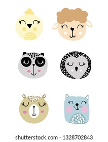 Set of cartoon cute animal faces on white background. Nursery animal faces. Vector illustrations