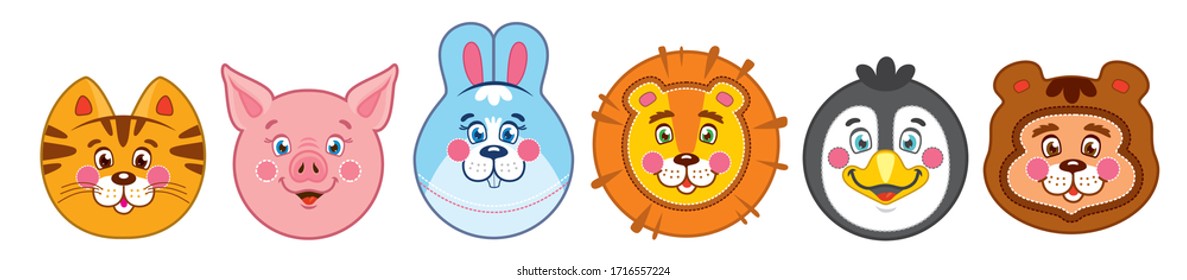 Set of cartoon cute animal faces on a white background for a round avatar. Cat, pig, hare, lion, penguin, bear.