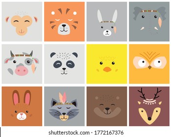 Set of cartoon cute animal faces on white background.  Lion, bunny, cat, dog, elephant, bear, fox, monkey, deer. 