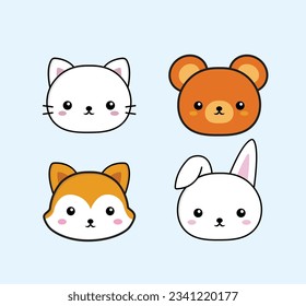 Set of cartoon cute animal faces. Vector illustration