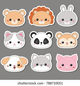 Set of cartoon cute animal faces. Vector illustration.