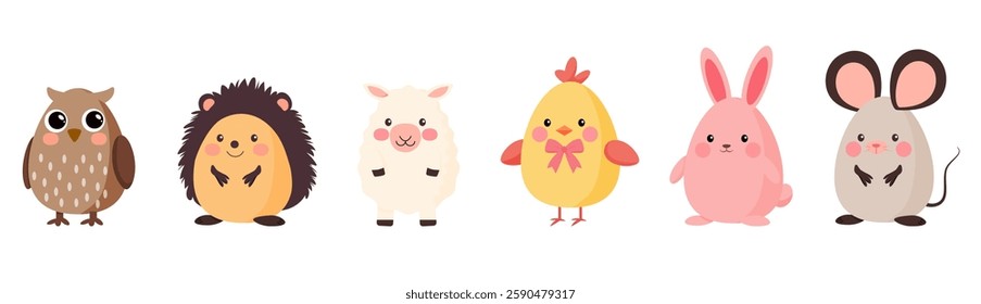 Set of Cartoon Cute Animals in egg-shape, Bunny, Hedgehog, Chick, Owl, Mouse and Sheep, Easter Concept, Vector Illustration