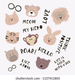 Set of cartoon cute animals faces with funny phrases. Ideal for greeting cards and invitations.
