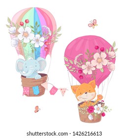 Set of cartoon cute animals fox and elephant balloon children clipart.